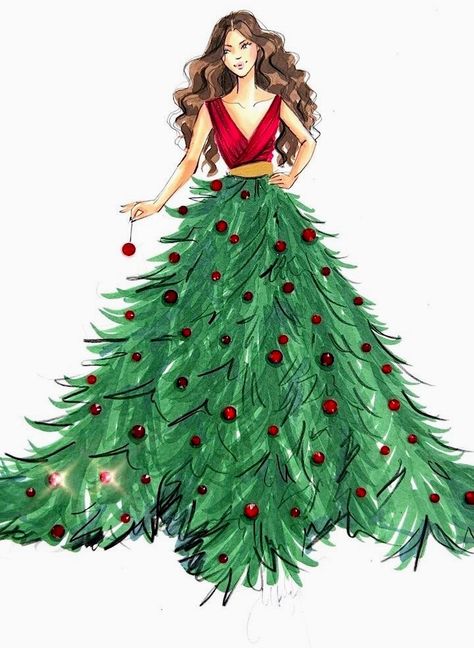 Holly Nichols Instagram post: Christmas Eve 😻 Xmas Tree Dress, Calendar Doodles, Holly Nichols, Christmas Poses, Florence Art, Christmas Tree Dress, Dress Card, Tree Dress, Fashion Illustrations Techniques