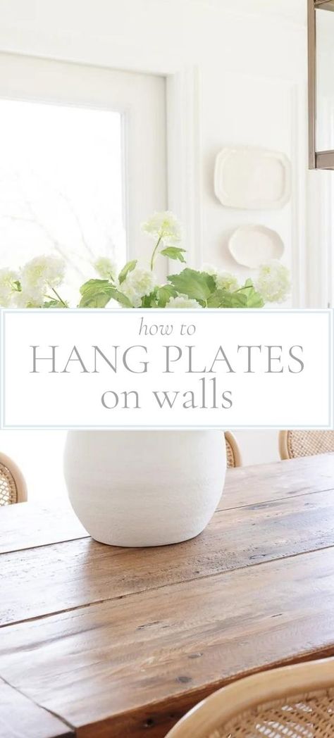 Platter On Wall, Diy Plate Hangers For Wall, Hanging Large Platters On Wall, Dishes On Wall Decor, Wall Hanging Plates Home Decor, Wall Plate Arrangement, Hanging China On The Wall, Plates Above Kitchen Cabinets, Plate Wall Display Ideas