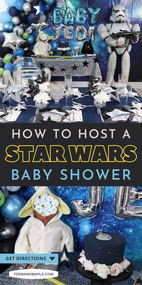 Create a Star Wars themed baby shower complete with DIY Entrance Sign, DIY Moon Vase place cards, and an adorable DIY Baby Yoda diaper cake! Get details and more celebration inspiration now at www.fernandmaple.com. Baby Yoda Baby Shower Ideas, Star Wars Baby Shower Ideas, Star Wars Baby Shower Decorations, Diy Baby Yoda, Star Wars Diy Crafts, Yoda Decorations, Diy Entrance, Baby Jedi, Star Wars Onesie