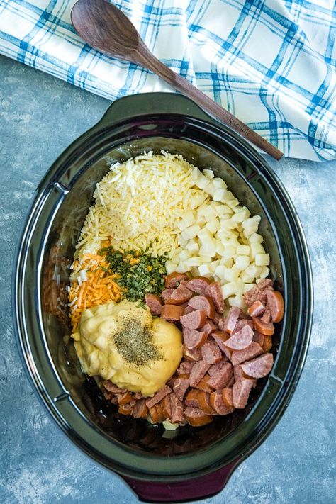 Cheesy Slow Cooker Smoked Sausage Potatoes – Must Love Home Potatoes In Slow Cooker, Smoked Sausage Potatoes, Smoked Sausage And Potatoes, Crockpot Sausage And Potatoes, Sausage Crockpot Recipes, Sausage Slow Cooker, Sausage And Potatoes, Sausage Crockpot, Sausage Potato