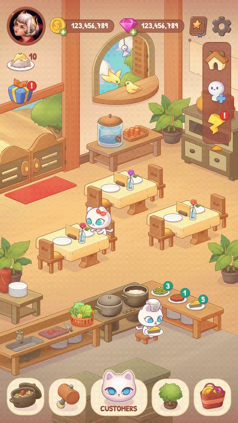 Game Illustration Design, Puzzle Game Ui, Chibi Games, Restaurant Game, Idle Game, Cat Game, Game 2d, Shopping Games, Ui Game