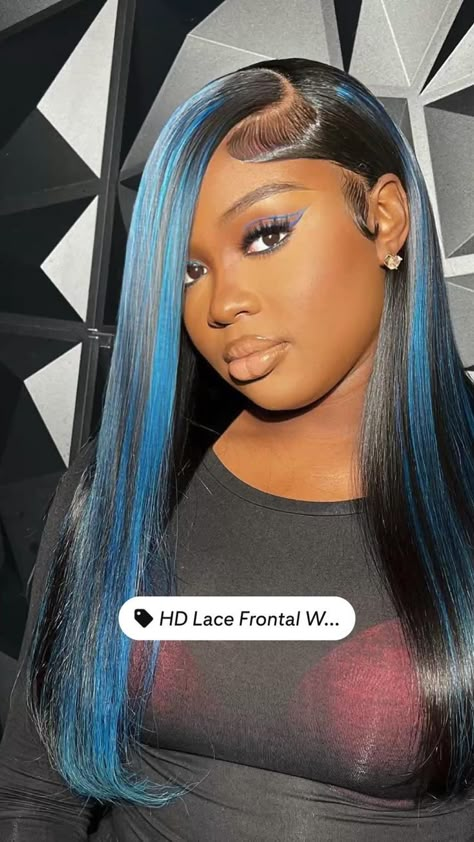 Wig With Blue Highlights Black Women, Blue Skunk Stripe Braids, Black Wig With Blue Highlights, Blue Hair On Dark Skin, Sew In With Color, Baby Blue Highlights, Blue And Black Hair, Frontal Wig Hairstyles, Dyed Hair Inspiration