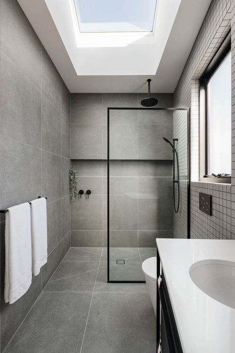 black and grey bathroom interior design scheme for residential development in the inner north of Melbourne by C.Kairouz Architects Polished Concrete Bathroom, Bathroom Concrete Floor, Grey Scheme, Monochromatic Bathroom, Grey Bathroom Floor, Light Grey Bathrooms, Best Kitchen Layout, Polished Concrete Floors, Condo Bathroom