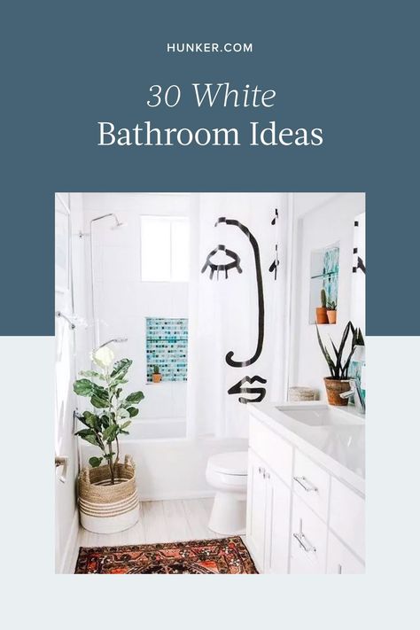 An all-white palette feels fresh, bright, and clean — making it the perfect backdrop for your bathroom. Take a peek at these beguiling bathroom decorating ideas. #hunkerhome #whitebathroom #bathroom #bathroomideas #whitebathroominspo Adding Color To White Bathroom, White Bathrooms With Pop Of Color, Bathroom Interior Design White, All White Bathroom Ideas, Bathroom White Walls, White On White Bathroom, Bathroom With White Walls, Bright Bathroom Colors, White Bathroom Decorating Ideas