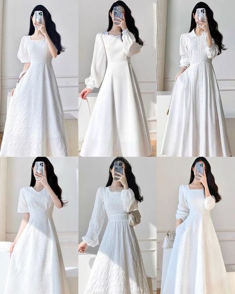 Graduation Dress Modest, Korean Long Dress, Long Dress Korean, White Dresses Graduation, Sunday Dress, Simple Prom Dress, Women Dresses Classy, Cute Dress Outfits, Fancy Dresses Long