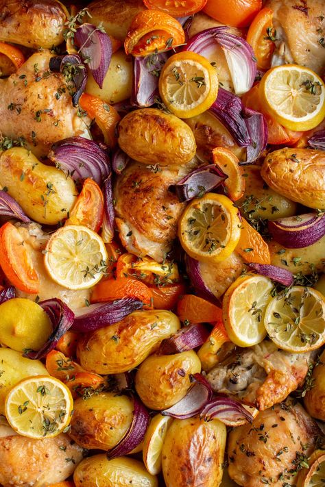 Healthy Chicken Tray Bake Recipes, Chicken Thigh Traybake Recipes, 1 Tray Bake Dinner, Lemon Chicken Tray Bake, Chicken Thigh Tray Bake, Chicken Thigh Tray Bake Recipes, Chicken Traybake Recipes, Recipes Using Thyme, Tray Bake Dinner