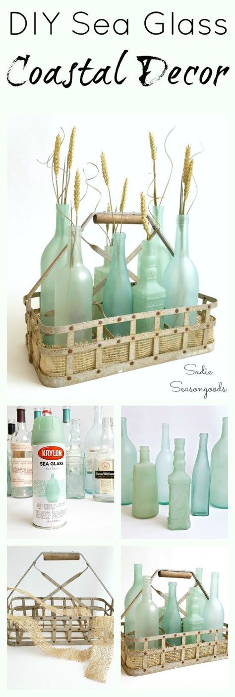 DIY coastal / beach decor is as easy as raiding your recycling bin and repurposing your glass bottles and jars! Special spray paints and frost etch effect paint transform them into stunning, gorgeous sea glass bottles! Super easy DIY upcycle craft project Sea Glass Spray Paint, Sea Glass Bottles, Strand Decor, Glass Spray Paint, Deco Marine, Coastal Beach Decor, Diy Upcycle, Create Diy, Beach Crafts