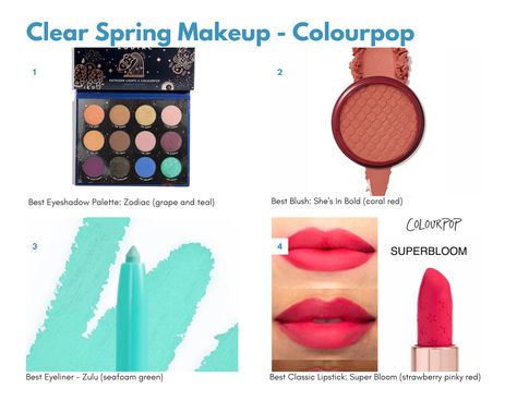 clear spring seasonal color palette makeup from Colourpop Clear Spring Eyeshadow, Bright Spring Makeup Looks, Clear Spring Makeup, Spring Seasonal Color Palette, Bright Spring Makeup, Season Analysis, Seasonal Color Palette, Color Seasons, Clear Spring