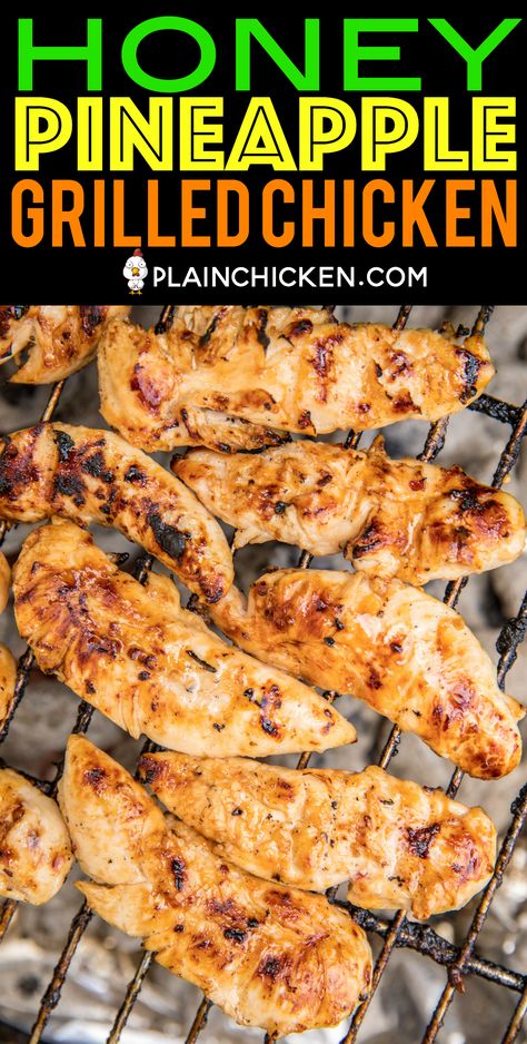 Honey Pineapple Grilled Chicken - crazy delicious!! SO simple and packed full of amazing flavor!! Only 3 ingredients in the marinade - Italian dressing, honey and pineapple juice. Can use chicken tenders, breasts or thighs. We always double the recipe for easy lunches during the week! We actually made it twice last week!! SO good! #chicken #grilling #chickenrecipes #grilled Chicken On The Grill, Marinade Chicken, Chicken Honey, Chicken Grilled, Liquid Vitamins, Diner Recept, Plain Chicken, Pineapple Chicken, Nutrition Articles