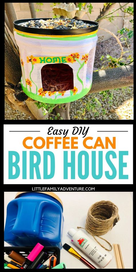 Making A Bird House, Crafts With Coffee Containers, Tea Pot Bird House Garden Art, Recycle Bird House, Diy Bird House Recycle, Coffee Can Bird Feeder, Diy Bird Feeder Recycle, Diy Kids Bird Feeder, Coffee Can Birdhouse