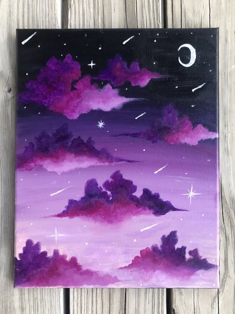 How To Paint Night Sky, Starry Sky Painting Acrylic, Painting Purple Sky, Pink Night Sky Painting, Acrylic Sky, Purple Sky Painting, Purple Sky Acrylic Painting, Pink And Purple Sky Painting, Galaxy Drawings