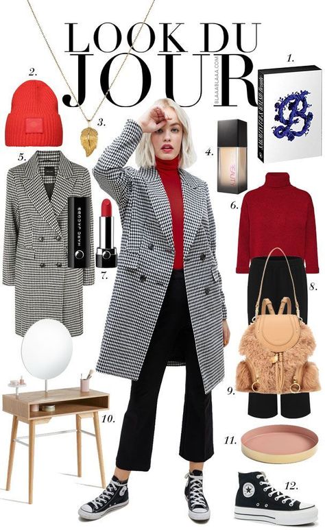 Plaid Winter Coat Outfit, Red Turtleneck Outfit Winter, Red Sweater Winter Outfit, Black And Red Winter Outfit, Red Turtleneck Sweater Outfit, Red Coat Outfit Casual, Red Sweater Outfit Casual, Turtleneck With Necklace, Red Backpack Outfit