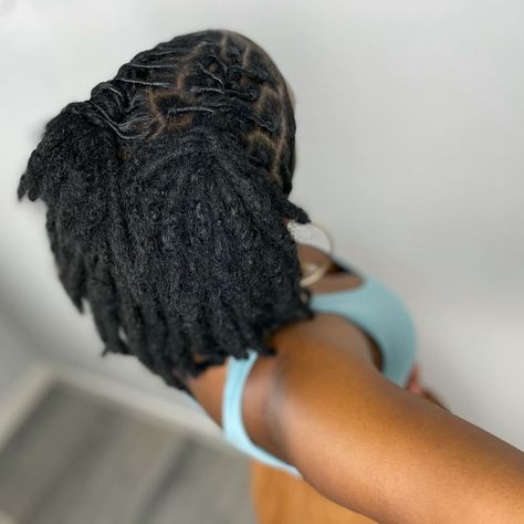 Dread Hairstyles For Women Black Updo, Loc Styles To The Back, Small Loc Styles For Women, Thick Loc Hairstyles For Women, Hairstyles For Thick Locs, Short Natural Locs Hairstyles, Natural Locs Styles, Locs Hairstyles Half Up Half Down, Basic Loc Styles