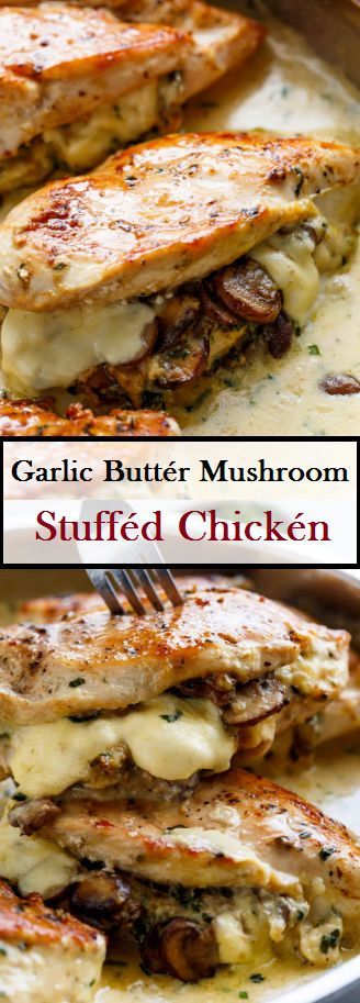 Chicken Recipes Mushroom, Garlic Butter Mushroom Stuffed Chicken, Easy Stuffed Chicken Recipes, Mushroom Stuffed Chicken, Mushroom Stuff, Garlic Butter Mushrooms, Mushroom Stuffed, Chicken Main Dishes, Stuffed Chicken