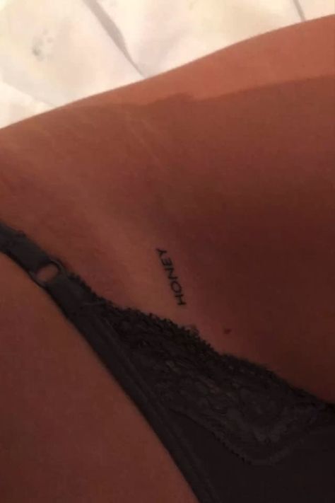 Tattoo Ideas Female Cursive, Honey Honey Tattoo, Sweeter Than Honey Tattoo, Tattoo Ideas Female Italian, Small Tattoos Hidden Places, Hip Groin Tattoos Women, Honey Hip Tattoo, Random Mini Tattoos, Oh Honey Tattoo