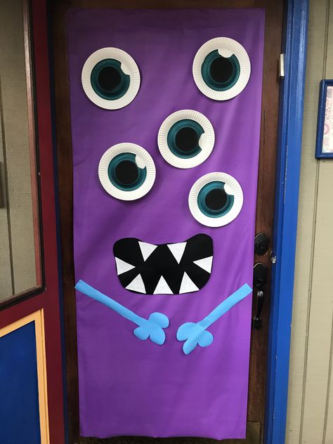 Monster door decoration; Just Jenn Home Arts Door Monster Halloween, Easy Halloween Door Decorations, Monster Door Decoration, Puerta Halloween, Monsters Inc Decorations, Halloween Doors, Monster Door, Halloween Classroom Door, Halloween Classroom Decorations