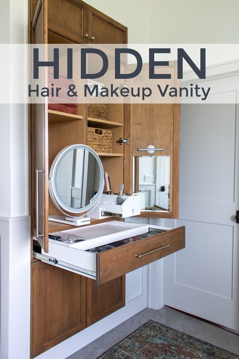 Built In Vanity In Bathroom Small Spaces, Walk In Closet Makeup Room, Makeup Nook Bathroom, Hidden Vanity In Closet, Hidden Vanity Ideas, Small Walk In Closet With Makeup Vanity, Vanity Inside Closet Small Spaces, Hidden Makeup Vanity, Hidden Makeup Storage