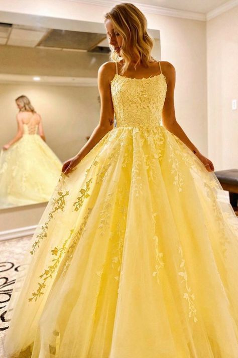 Yellow Formal Dress, Dresses Quince, Blue Quince, Prom Dresses Long Lace, Prom Dresses Yellow, Spaghetti Strap Prom Dress, Long Prom Gowns, Lace Formal Dress, Lace Prom Dress