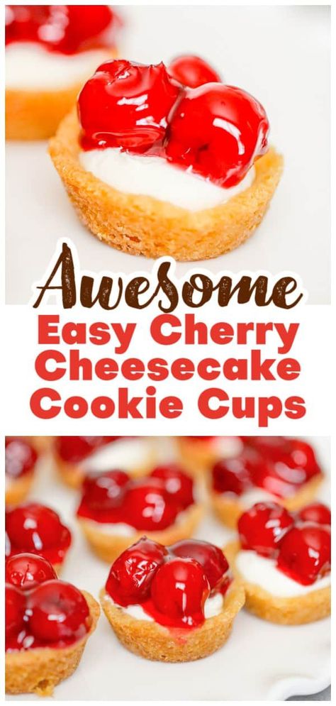 Looking for a delicious cherry dessert idea? Try our homemade cherry cheesecake cookie cups that are sure to satisfy your sweet tooth! Our easy cookie cups recipes are perfect for any occasion. Indulge in the sweet and tangy flavors of our cherry dessert idea. Don't miss out on this tasty treat! #cherrycheesecake Easy Cookie Cups, Cheesecake Sugar Cookie Cups, Homemade Cherry Cheesecake, Cherry Chocolate Recipes, Easy Cherry Cheesecake, Cheesecake Cookie Cups, Sugar Cookie Cheesecake, Mini Cherry Cheesecakes, Cups Recipes