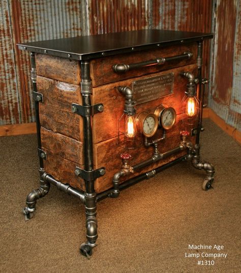 3 Steampunk furniture. The exposed pipe frame with the wood drawers. The glossy finish to the top and the wood. Steampunk Bar, Décor Steampunk, Hostess Stand, Bar Buffet, Steampunk Furniture, Steampunk House, Steampunk Industrial, Vintage Industrial Decor, Industrial Design Furniture