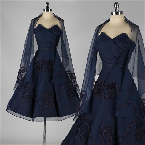 1950 blue evening dress with shawl Elegant Vintage Dresses Formal, Dark Blue Semi Formal Dress, Cocktail Dress With Shawl, Dark Blue Vintage Dress, 1950s Evening Dress, 1950s Dresses Formal, 50s Dresses Formal, Blue 50s Dress, 1950s Dress Formal