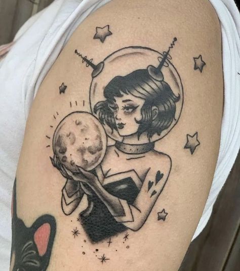 60s Art Tattoo, Space Lady Tattoo, Space Age Tattoo, 50s Inspired Tattoos, Retro Futuristic Tattoo, Pinup Face Tattoo, Space Cowgirl Tattoo, Plus Size Pinup Tattoo, Retro Futurism Tattoo