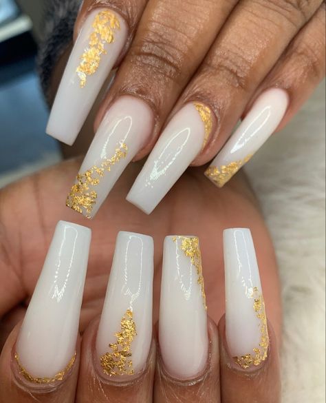 White ballerina bails with hints of gold foil White Ballerina Nails Design, White With Foil Nails, White Nails With Golden Foil, Milky White Nails Gold Foil, White Gold Leaf Nails, White And Gold Design Nails, White Nails With Foil Flakes, White And Gold Foil Nails, White And Gold Flake Nails