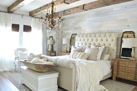 Wood Plank Wall Bedroom, Vintage Farmhouse Bedroom, Upholstered Sleigh Bed, Farmhouse Bedroom Decor Ideas, White Bed, Shabby Chic Bedrooms, Farmhouse Bedroom Decor, Bedroom Refresh, Chic Bedroom