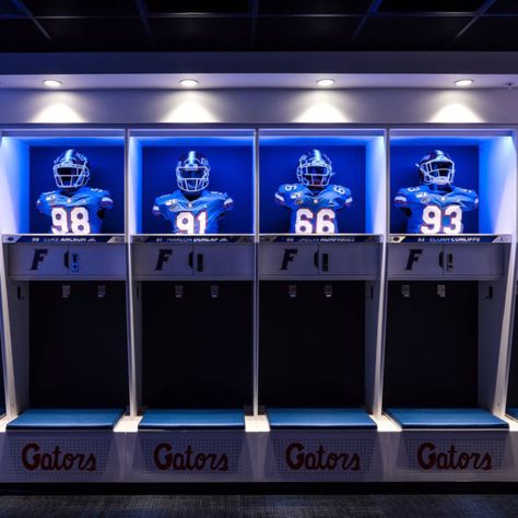 Florida-Gators-Football-Shield-Lockers-2 Football Locker Room, Athletic Locker, Football Rooms, Adventure Room, Sports Locker, Florida Gators Football, Trophy Case, Jersey Display, Themed Kids Room