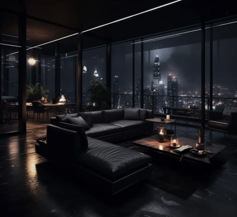 Penthouse Bedroom, Dark Interior Design, New York Penthouse, Dark Modern, Wall Decoration Ideas, Dark Home, Apartment Aesthetic, Dark Interiors, Dream House Rooms