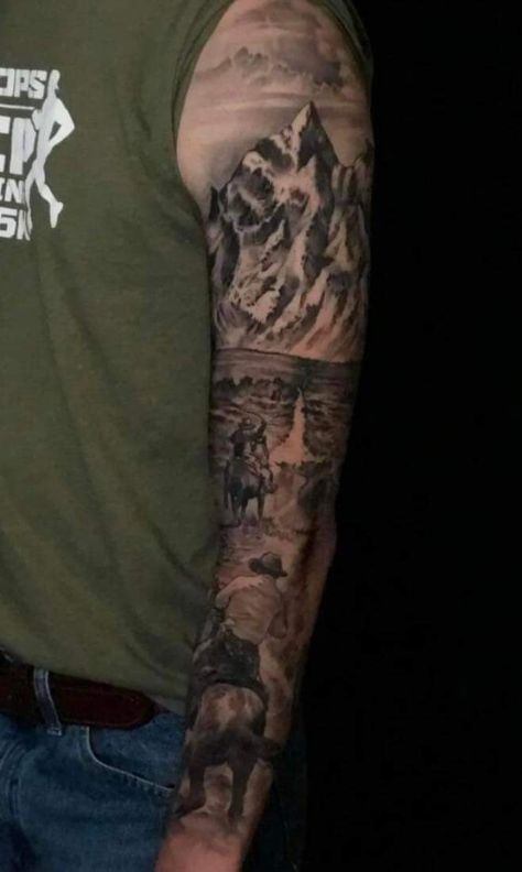 Western Style Sleeve Tattoo Men, Country Tattoo Sleeve Men, Southern Arm Tattoos, Western Sleeve Tattoos For Guys, Western Hand Tattoos For Guys, Tattoo Sleeve Women Western, Western Tattoos For Men Country, Men’s Sleeve Tattoo Ideas Country, Farm Tattoo Sleeve