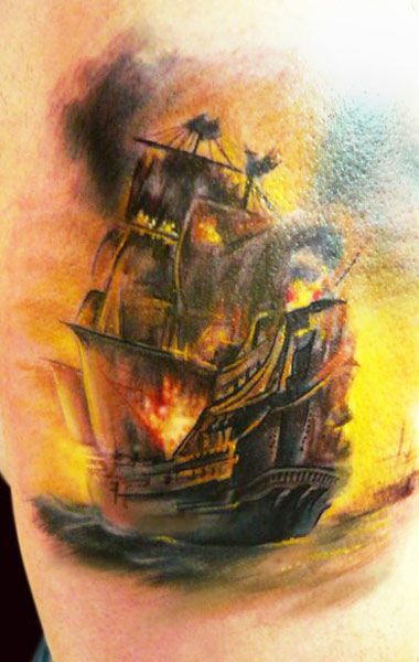 ship on fire - Adam Kremer Mermaid Sleeve Tattoos, Pirate Ship Tattoo, Pirate Tattoo, Ocean Tattoos, Nautical Tattoo, Fire Tattoo, Chest Piece Tattoos, Ship Tattoo, World Tattoo