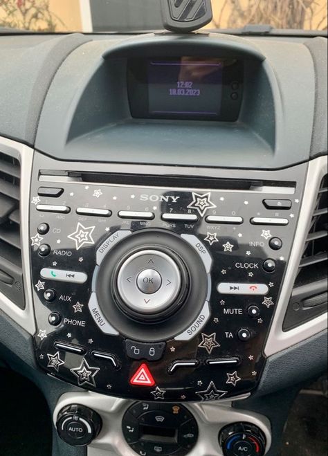 car decor inspo since i’m close to getting my license, this is ur sign... | TikTok Ford Fiesta Interior Ideas, Goth Car Exterior, Alt Car Decor, Y2k Car Accessories, Car Roof Decoration, Dark Car Interior, Cute Car Mods, Car Customization Ideas, Car Ceiling Decoration