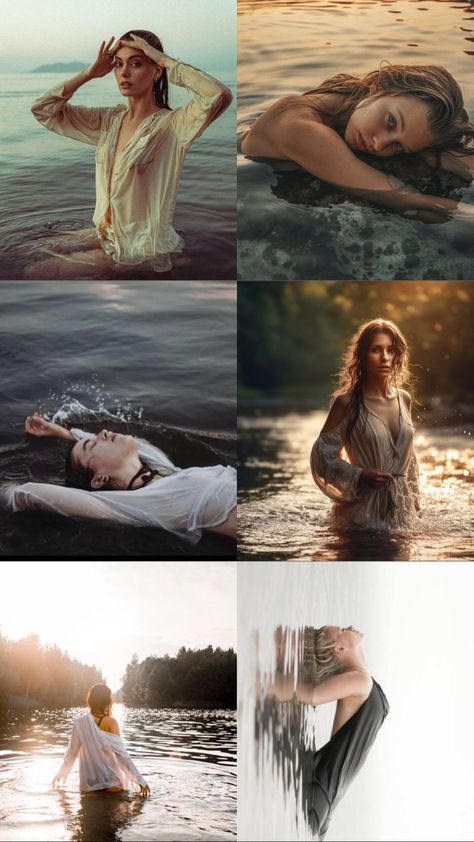 Vogue Water Photoshoot, River Portrait Photoshoot, People In Water Photography, Flowy Dress In Water Photoshoot, Waterfall Portrait Photography, Water Photoshoot Poses, Water Photo Shoot Ideas, Editorial Water Photoshoot, Outdoor Boudiour Ideas Lake