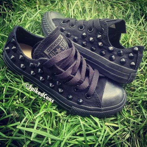 All Black on Black Studded Converse by spikedcons Spiked Sneakers, Converse Customized, Emo Shoes, Studded Converse, All Black Converse, Baskets Converse, Black Studs, Studs And Spikes, Spike Shoes