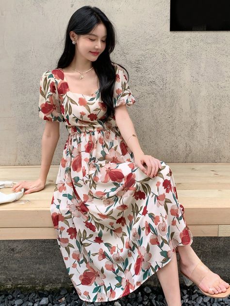 Multicolor Elegant Collar Short Sleeve Fabric Floral,All Over Print A Line Embellished Non-Stretch  Women Clothing Midi Dress With Ruffles, Summer One Piece Dress Cotton, Dress Flower Casual, Modest Dresses Casual Elegant, Pretty Modest Dresses, Floral Frocks For Women, Short Frock Ideas, Korean Dress Ideas, Flowery Dress Outfit