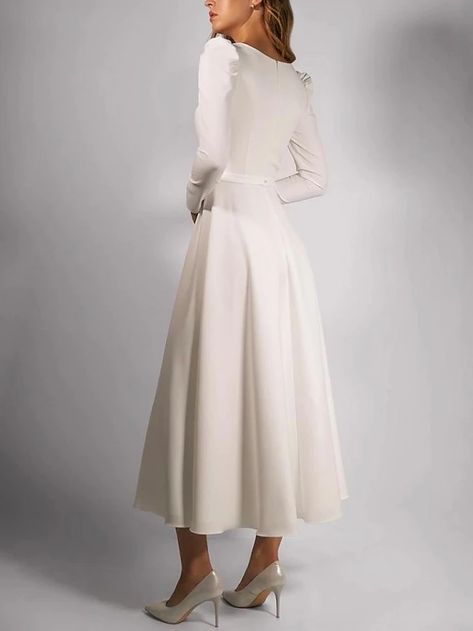 Simple Wedding Dresses A-Line Square Neck Long Sleeve Tea Length Stretch Fabric Bridal Gowns With Pleats Solid Color 2024 2024 - $107.99 Mum Wedding, Wedding Dresses A Line, Simple Wedding Dresses, Cheap Wedding Dresses Online, Tea Length Wedding, Square Neck Long Sleeve, Tea Length Wedding Dress, Wedding Dresses Satin, Casual Wedding Dress