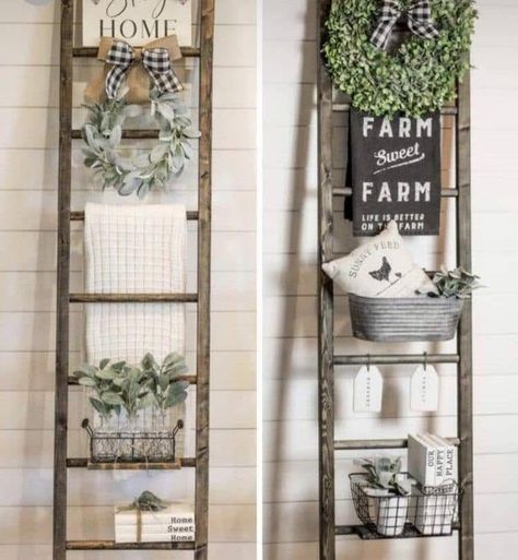 Wood Decorating Ideas, Blanket Ladder Ideas, Old Ladder Decor, Blanket Ladder Decor, Ladder Ideas, Garden Ladder, Farmhouse Ladder, Old Ladder, Yard And Garden