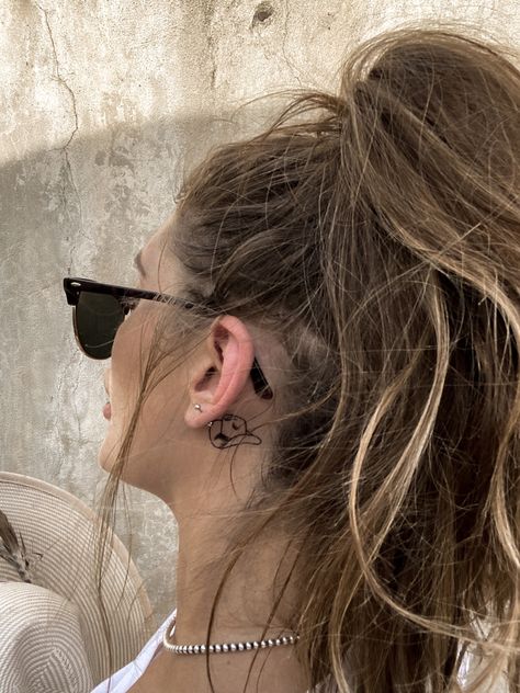 Antler Behind Ear Tattoo, Western Behind The Ear Tattoos, Western Ear Tattoos, Western Behind Ear Tattoo, Cow Tattoo, Ear Tattoos, Western Tattoos, Face Tattoos, Stick And Poke