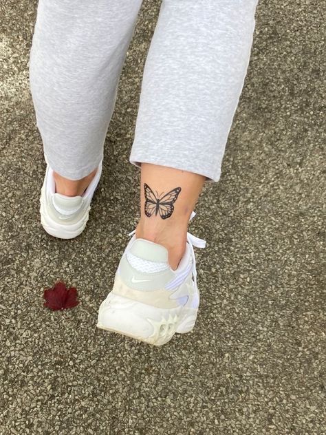 Butterfly Foot Tattoo, Back Of Ankle Tattoo, Butterfly Leg Tattoos, Butterfly Ankle Tattoos, Above Elbow Tattoo, Back Of Leg Tattoos, Cute Foot Tattoos, Simple Butterfly Tattoo, Butterfly Tattoos On Arm