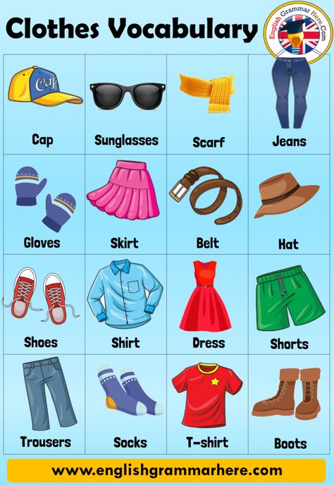 Clothes Names, Clothes Vocabulary in English and Example Sentences CLOTHES VOCABULARY One of the most basic things we do during the day is to dress. We change clothes for many things. For example, we wear our pajamas before going to sleep, we wear tights while doing sports, we prefer to wear more stylishly when going to a special place, we wear uniforms when we go to school and we can also work in a job that requires us to wear uniforms. In short, dressing is the most basic activity we do ... Things Around Us Worksheet, Cloth Vocabulary, Things Name In English, Clothes Names In English, Clothes English Vocabulary, Clothes Names, Vocabulary Clothes, Clothes Words, Vocabulary In English