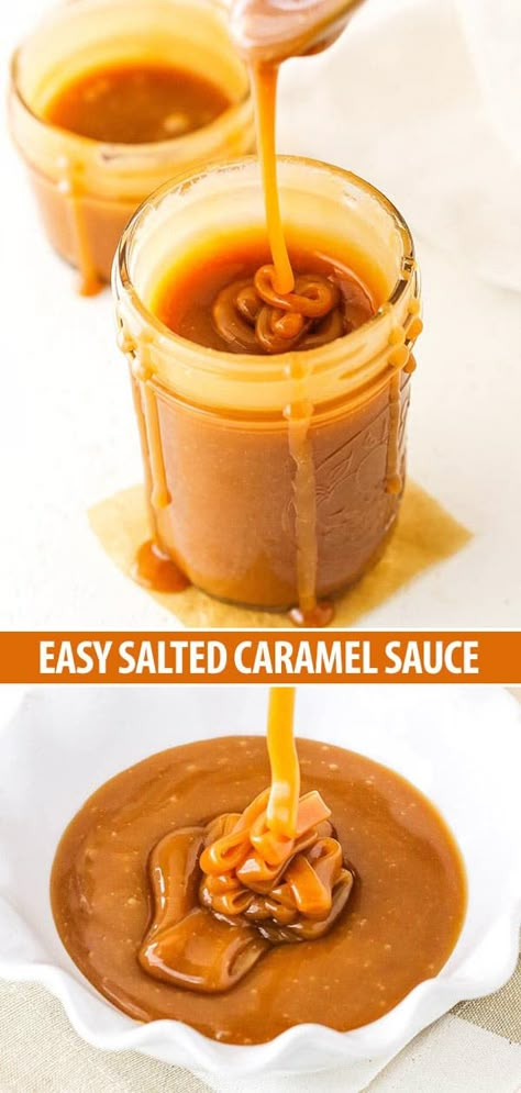 Easy Salted Caramel, Salted Caramel Sauce Recipe, Hemgjord Glass, Caramel Recipes Sauce, Caramel Desserts, Homemade Caramel Sauce, Salted Caramel Sauce, Caramel Topping, Kinds Of Desserts