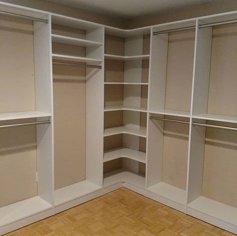 Today's small install. Basic design with radius corner shelves for a seamless look. #followthecrownnj Corner Shelves Wardrobe, Small Closet Corner Shelves, Corner Shelves For Closet, Closet In Corner Of Room, Closet With Corner Shelves, Closet Bench Ideas, Corners In Closets, Dressing Room Shelves, Diy Corner Wardrobe