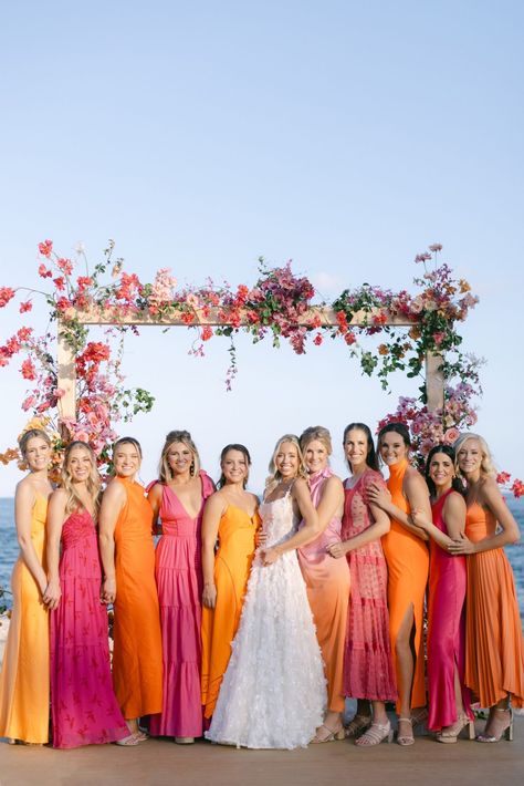 Tropical Ties: A Pink & Orange Cabo Destination Wedding - Inspired By This Wedding With Pops Of Color, Sunset Wedding Theme, Pink Bridal Party, Cabo Destination Wedding, Bridesmaid Dress Ideas, Orange Wedding Themes, Orange And Pink Wedding, Modern Elegant Wedding, Orange Bridesmaid