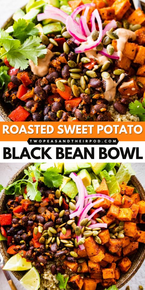 This Roasted Sweet Potato Black Bean Bowl with Chipotle Lime Crema makes an easy dinner recipe for a weeknight! This dinner bowl is satisfying, full of flavor, and perfect for meal prep. Add this recipe to your simple comfort food ideas! Full Plate Living Recipes Meals, Sweet Potato Bean Bowl, Black Beans And Sweet Potato Recipes, Black Beans Bowl, Power Bowls With Sweet Potatoes, Black Beans Sweet Potato Recipe, Roasted Sweet Potatoes And Black Beans, Sweet Potato Taco Bowls, Sweet Potato Bowls Healthy