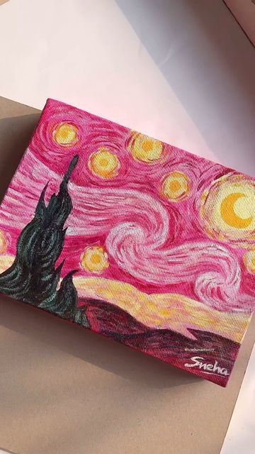 Sneha♡ on Instagram: "Starry Night (pink version)💖 posting this one now which I painted months ago idk why I didn’t post it back then😭 #starrynight #starrynightvangogh #vangoghinspired #art #explore #aesthetics" Arte Van Gogh, Simple Canvas Paintings, Cute Canvas Paintings, Easy Canvas Art, Canvas Painting Designs, Cute Paintings, Small Canvas Art, Diy Canvas Art Painting, Mini Canvas Art