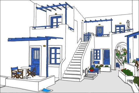 Santorini House Plan, Greek House Floor Plan, Santorini Inspired House, Greek House Bloxburg, Greek Homes Exterior, Greek House Exterior, Santorini House Design, Santorini Buildings, Greek Houses Exterior