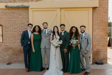 Green Dress Grey Suit, Dark Green Groom Suit Bridesmaid Dresses, Green And Grey Groomsmen, Dark Green And Grey Wedding, Dark Green Bridesmaids, Green And Grey Wedding, Grey Groomsmen Suits, Dark Green And Grey, Grey Groomsmen