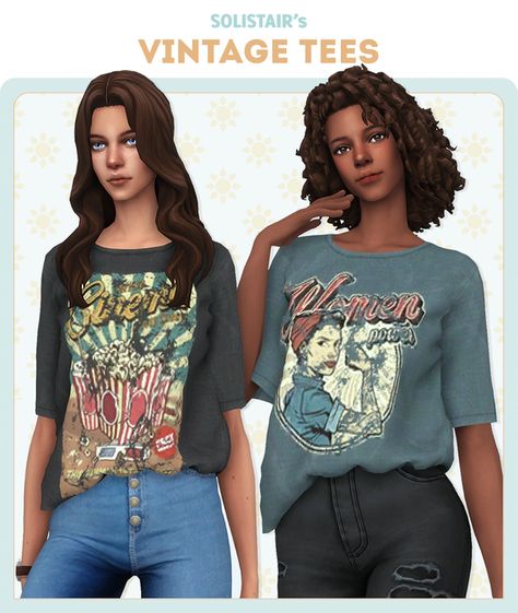 Vintage Tees | Solistair on Patreon Sims 4 Cc Shirts Female Aesthetic, Best Sims 4 Alpha Cc, Sims 4 Cc Clothes Female Boho, The Sims 4 Cc 90s Clothes, Sims 4 Cc Baddie Pants, Sims Cc Vintage Clothes, Sims4 Woman Clothes, Fat Sims 4 Cc, Sims 4 Cc Graphic Tees Patreon