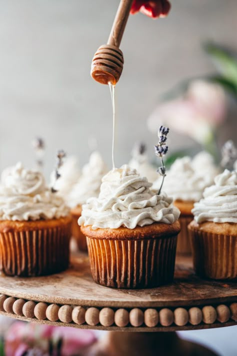 Lavender honey cupcakes - Frolic and Fare - Enchanted cooking and baking with flowers and herbs Lavender Buttercream Frosting, Cupcakes Lavender, Lavender Buttercream, Honey Cupcakes, Lavender Cupcakes, Lavender Recipes, Spring Baking, Culinary Lavender, Lavender Honey